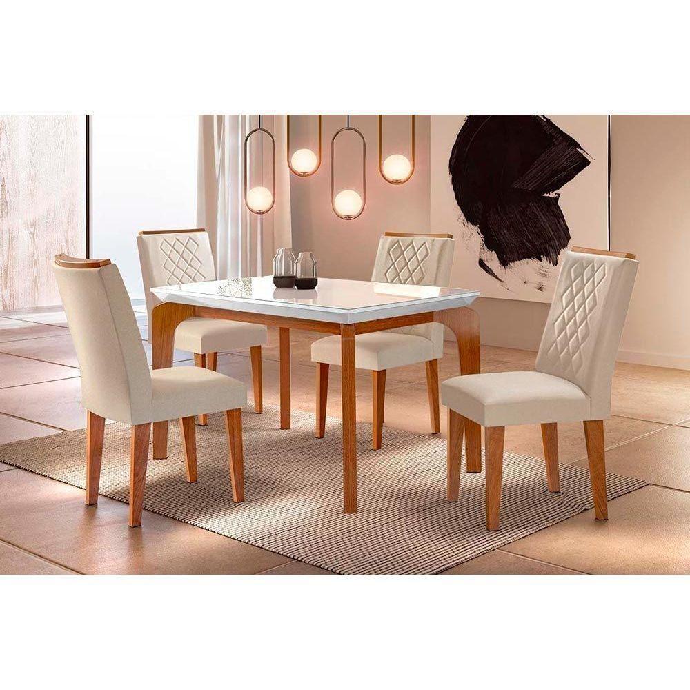 Sala de Jantar Completa Londrina c/ Tampo Madeirado c/ Vidro 120cm + 4 Cadeiras Jade Imbuia/Bege - Rufato - 1