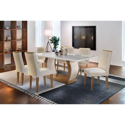 Kit Mesa Tampo Vidro 180cm Canto Curvo + 6 Cadeiras Imbuia Creme