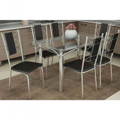 Sala de Jantar Completa Elba c/ Tampo Vidro 140cm + 6 Cadeiras Lisboa Cromado/Courano Marrom - Kappesberg