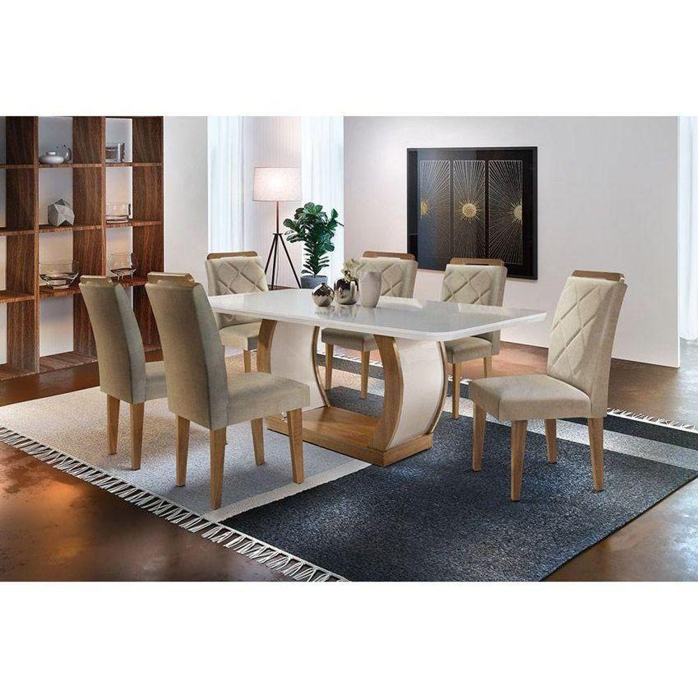 Sala de Jantar Completa C/ Tampo Vidro Canto Curvo 6 Cadeiras Imbuia Linho Turim - 1