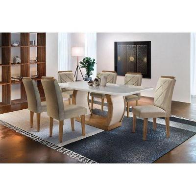 Sala de Jantar Completa C/ Tampo Vidro Canto Curvo 6 Cadeiras Imbuia Linho Turim
