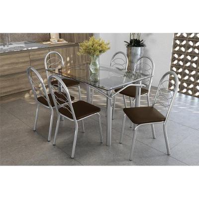 Conjunto: Mesa de Cozinha Elba c/ Tampo de Vidro 120cm + 6 Cadeiras Holanda Cromado/Marrom - Kappesberg