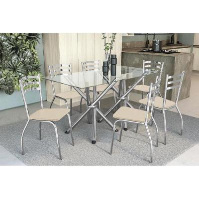 Conjunto: Mesa Sala Jantar  Volga c/ Tampo Vidro 150cm + 6 Cadeiras Portugal Cromado/Courano Nude - Kappesberg