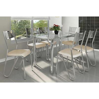 Conjunto: Mesa de Cozinha Elba c/ Tampo de Vidro 140cm + 6 Cadeiras Nápoles Cromada/Nude - Kappesberg