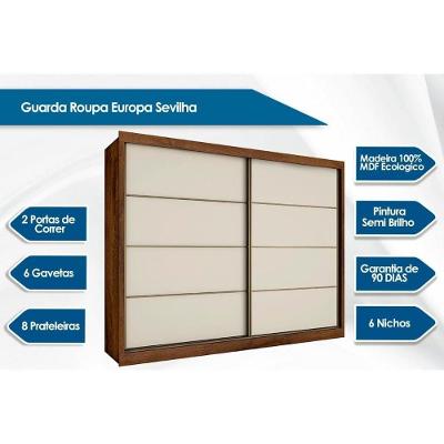 Guarda Roupa Casal Sevilha 2 Portas de Bater 6 Gavetas Branco-Preto MDF Europa