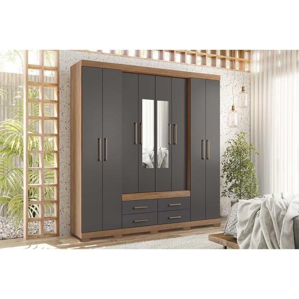 Guarda Roupa Casal 8 Portas e 4 Gavetas c/ Espelho e Pés Nápoles Jatoba/Grafitte - Santos Andirá - 1