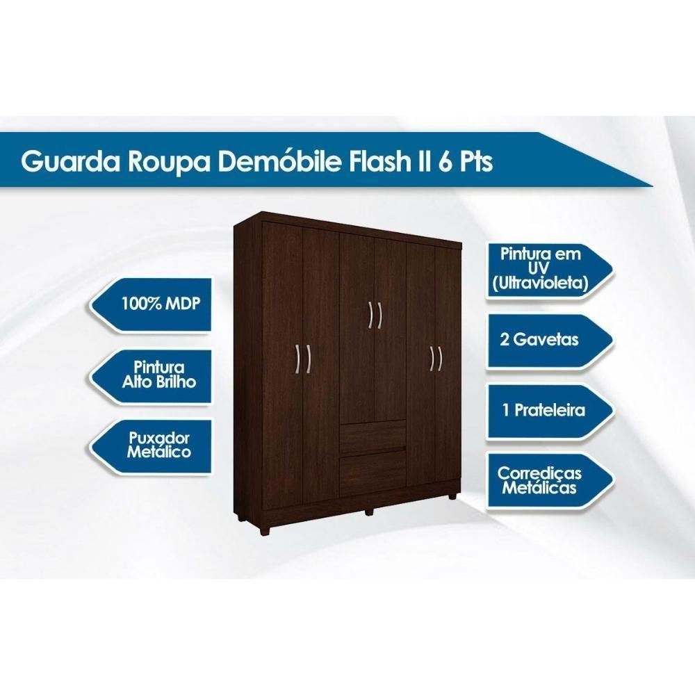 Guarda Roupa Solteiro 6 Portas e 2 Gavetas Flash II Ébano Touch - Demóbile - 3