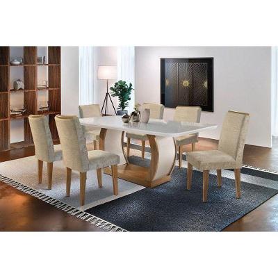 Kit Mesa Tampo Vidro Canto Curvo 180cm + 6 Cadeiras Imbuia Chocolate