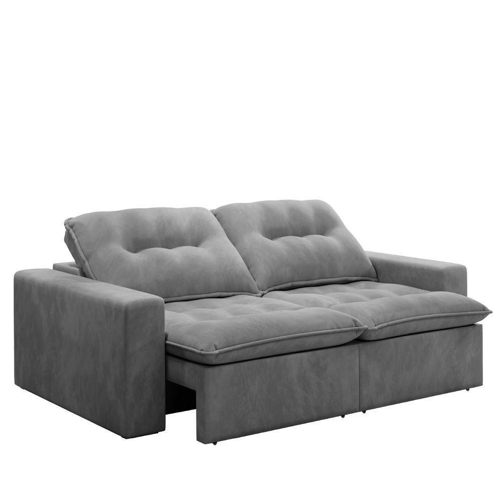 Sofá Retrátil Reclinável Napoli 2,30m 4 Lugares Veludo Cinza Com Molas No Assento Bipartido Selmer Cinza - 1