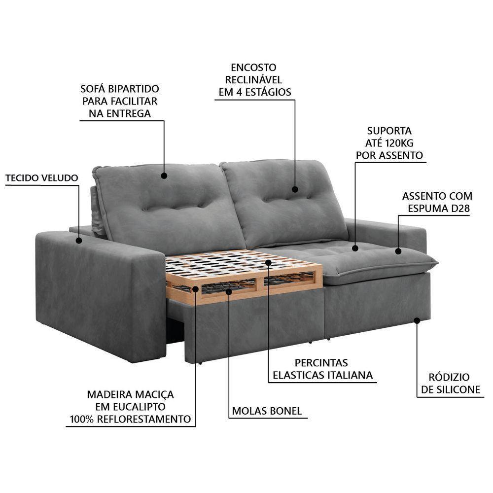 Sofá Retrátil Reclinável Napoli 2,30m 4 Lugares Veludo Cinza Com Molas No Assento Bipartido Selmer Cinza - 2