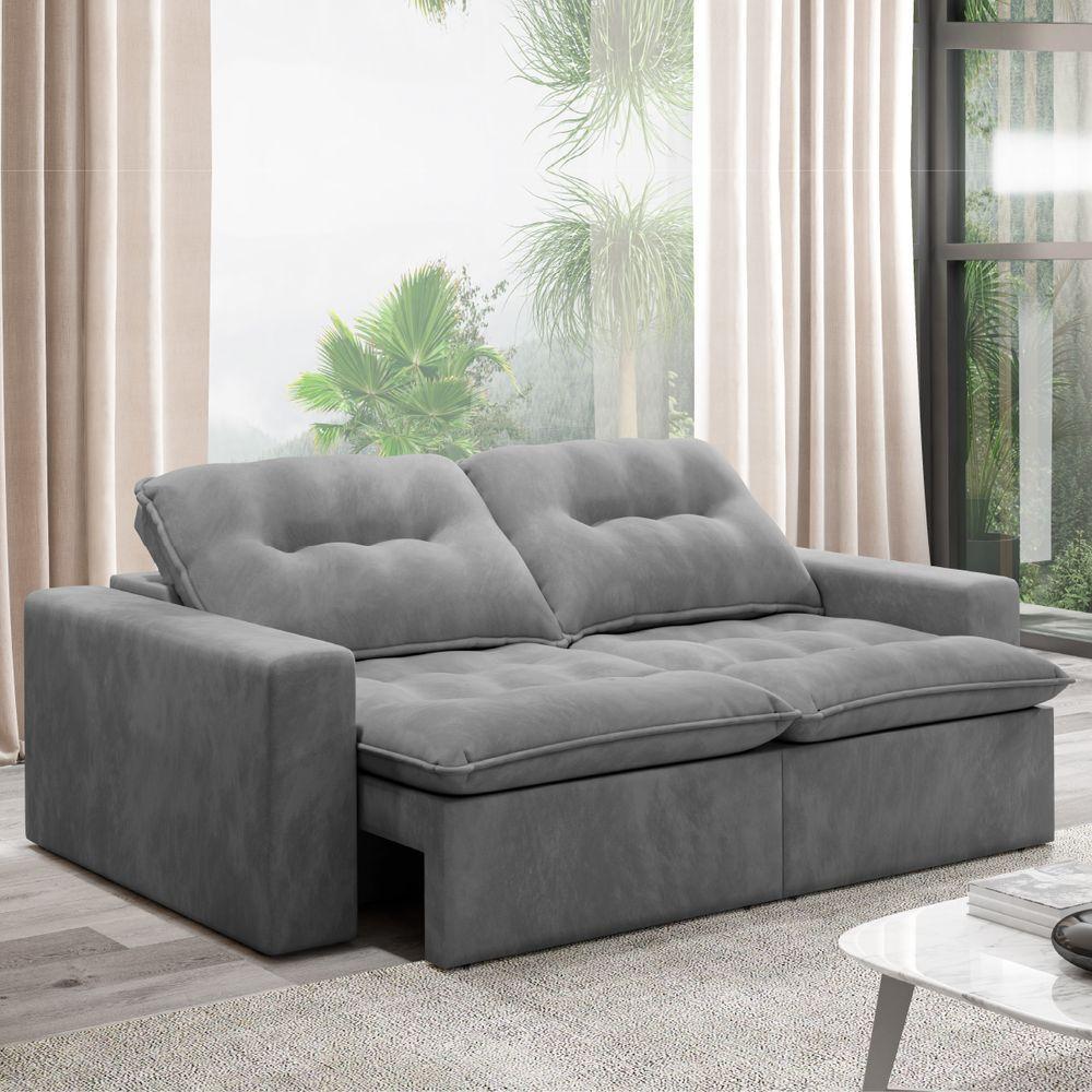 Sofá Retrátil Reclinável Napoli 2,30m 4 Lugares Veludo Cinza Com Molas No Assento Bipartido Selmer Cinza - 3
