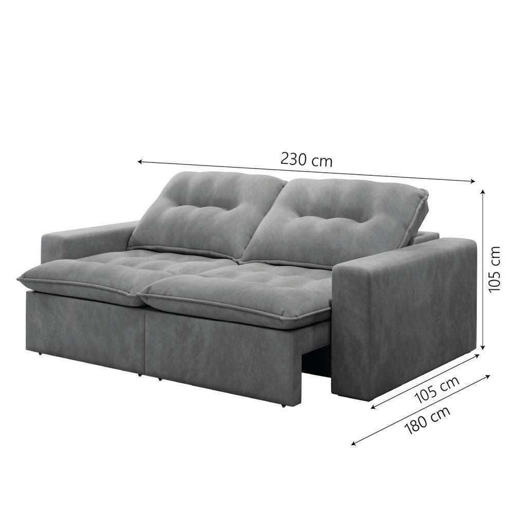 Sofá Retrátil Reclinável Napoli 2,30m 4 Lugares Veludo Cinza Com Molas No Assento Bipartido Selmer Cinza - 5