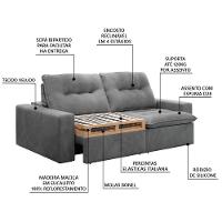 Sofá Retrátil Reclinável Napoli 2,30m 4 Lugares Veludo Cinza Com Molas No Assento Bipartido Selmer Cinza - 2