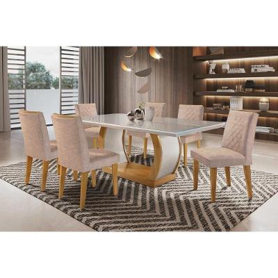 Sala de Jantar Completa Jade c/ Tampo Madeirado c/ Vidro Canto Curvo 180cm + 6 Cadeiras Jade Imbuia/Bege - Rufato