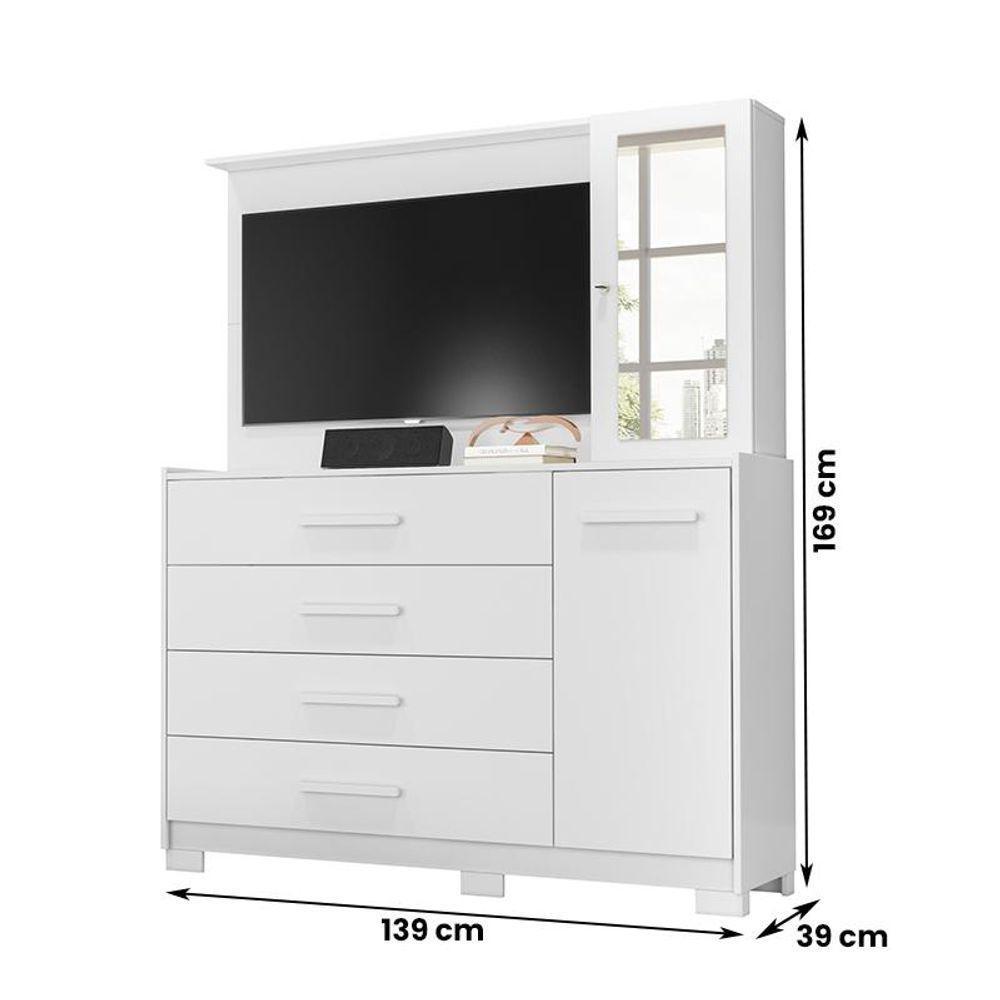 Cômoda Quarto Com Painel Para Tv Ilhabela 4 Gavetas 2 Portas Branco Fosco Branco Fosco - 1