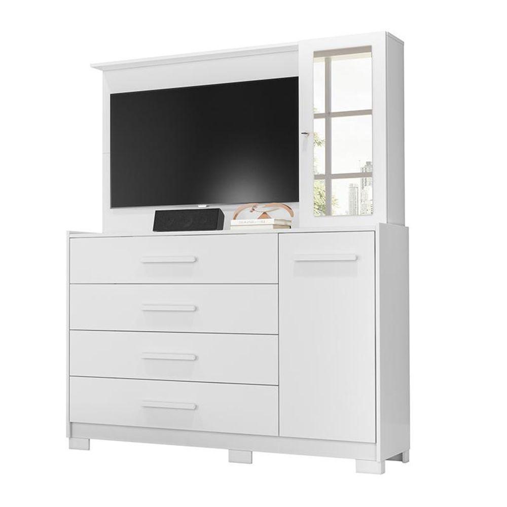 Cômoda Quarto Com Painel Para Tv Ilhabela 4 Gavetas 2 Portas Branco Fosco Branco Fosco - 2