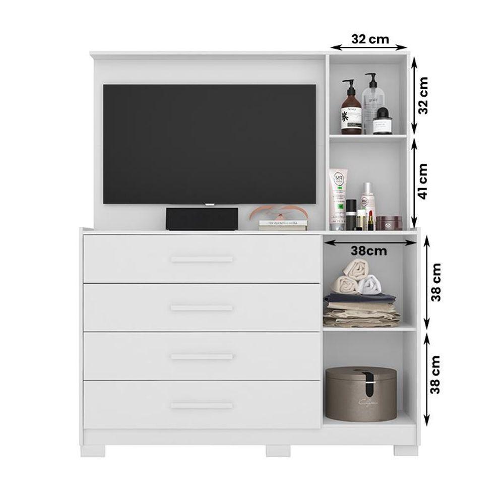 Cômoda Quarto Com Painel Para Tv Ilhabela 4 Gavetas 2 Portas Branco Fosco Branco Fosco - 4