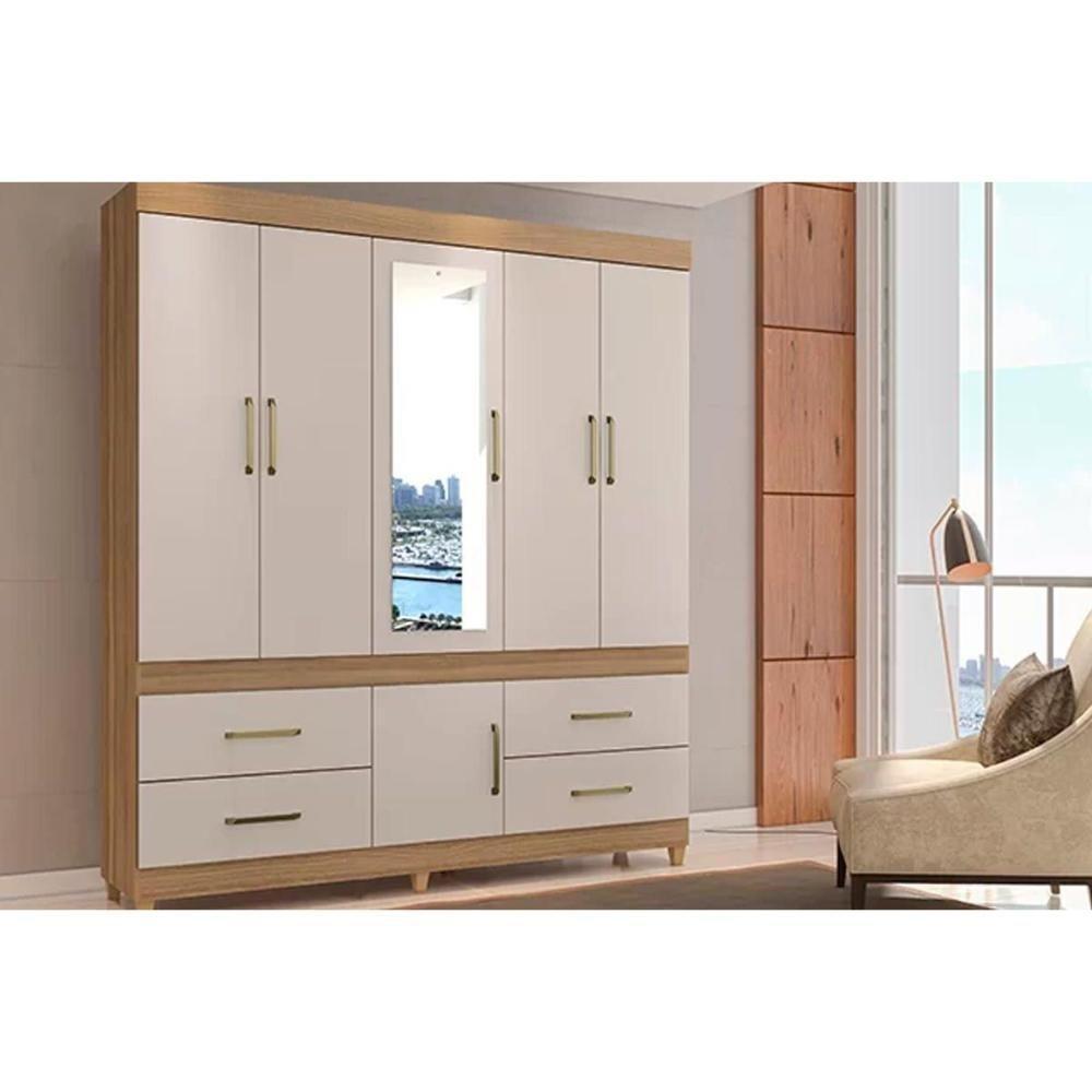 Guarda Roupa 6 Portas  e 4 Gavetas c/ Espelho Guarujá  Amêndola/Off White - Demóbile - 1