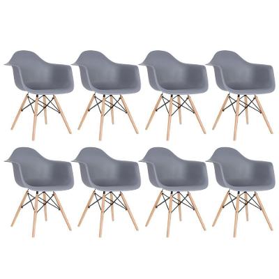 Kit 8 Cadeiras Charles Eames Eiffel Daw Com Braços E Pés De Madeira Clara Cinza Escuro