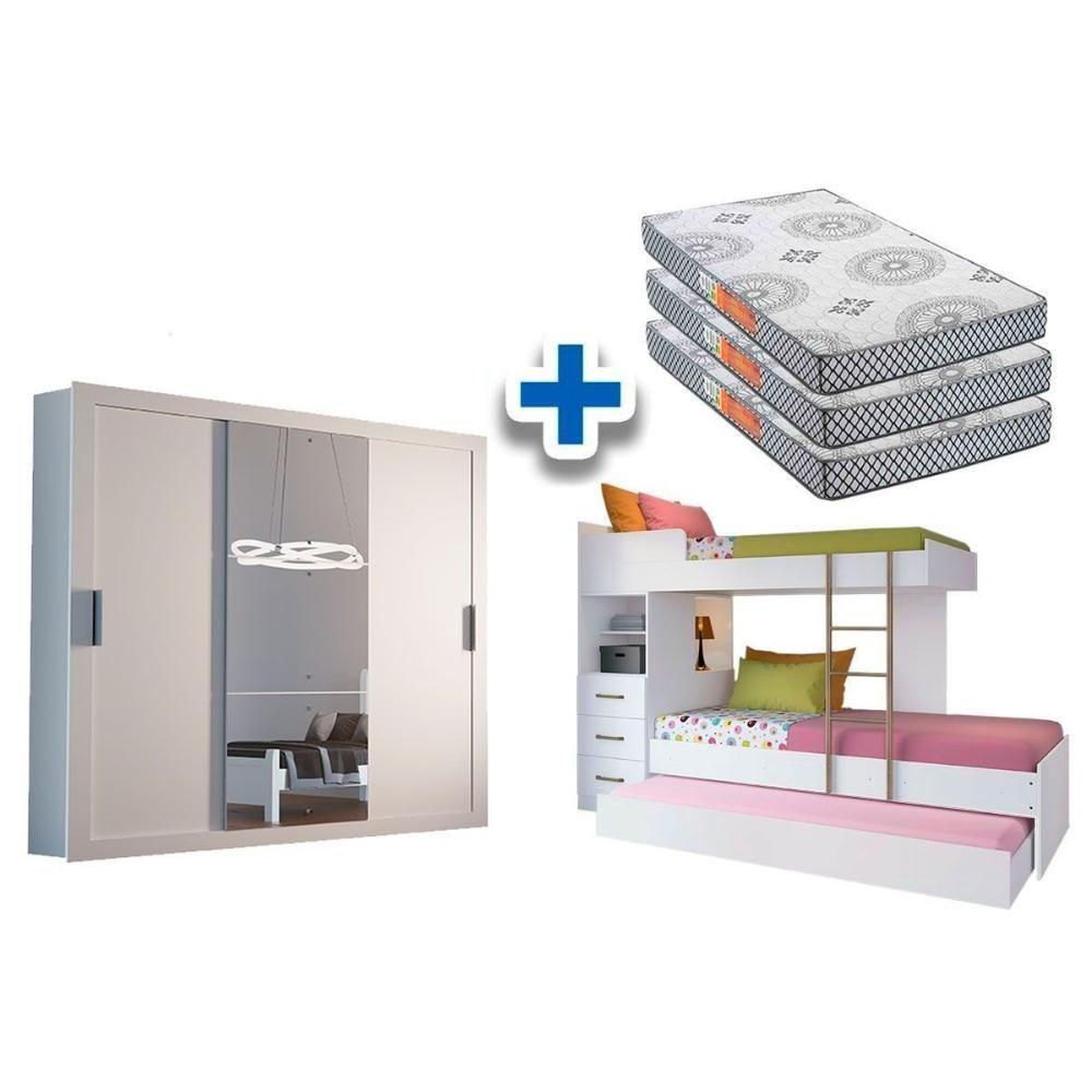 Guarda Roupas 3 Portas de Correr Pérola Polar (3un) + Veneza Luxo + Treliche Plus Branco - Rufato - 1