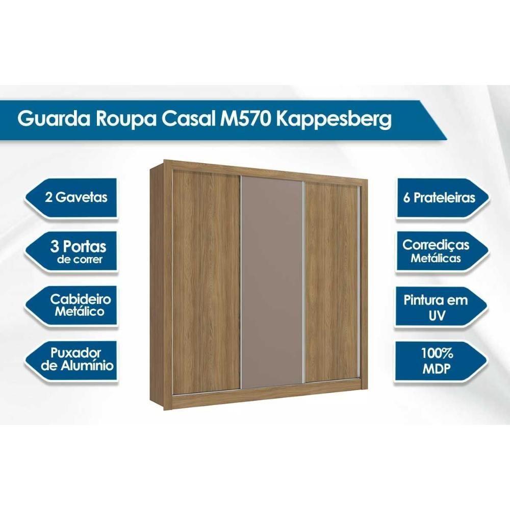 Guarda Roupa Casal 3 Portas de Correr e 2 Gavetas M570 Fendi/Nogueira/Fendi - Kappesberg - 5