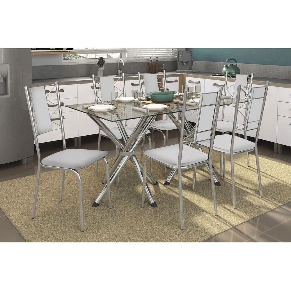 Conjunto: Mesa de Cozinha Volga c/ Tampo de Vidro 150cm + 6 Cadeiras Lisboa Cromada/Branco - Kappesberg - 1