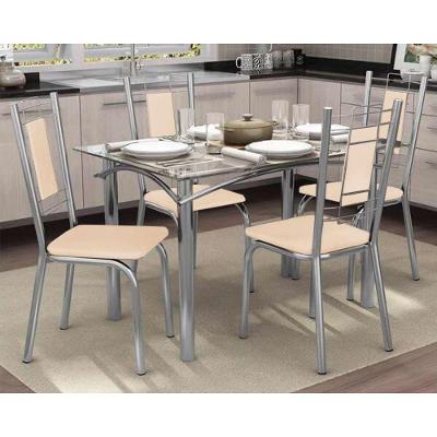 Conjunto: Mesa Sala Jantar Elba c/ Tampo Vidro 120cm + 4 Cadeiras Florença Cromado/Courano Nude - Kappesberg