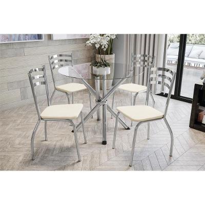Conjunto: Mesa de Cozinha Volga c/ Tampo Vidro 95cm + 4 Cadeiras Portugal Cromada/Nude - Kappesberg
