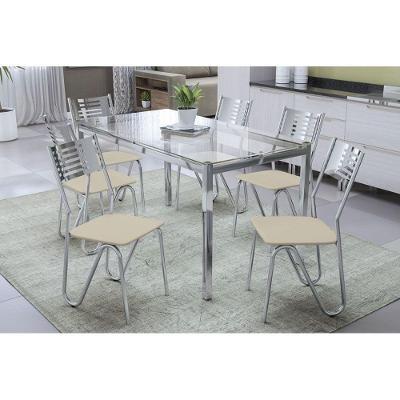 Conjunto: Mesa de Cozinha Reno c/ Tampo de Vidro 150cm + 6 Cadeiras Nápoles Cromada/Nude - Kappesberg