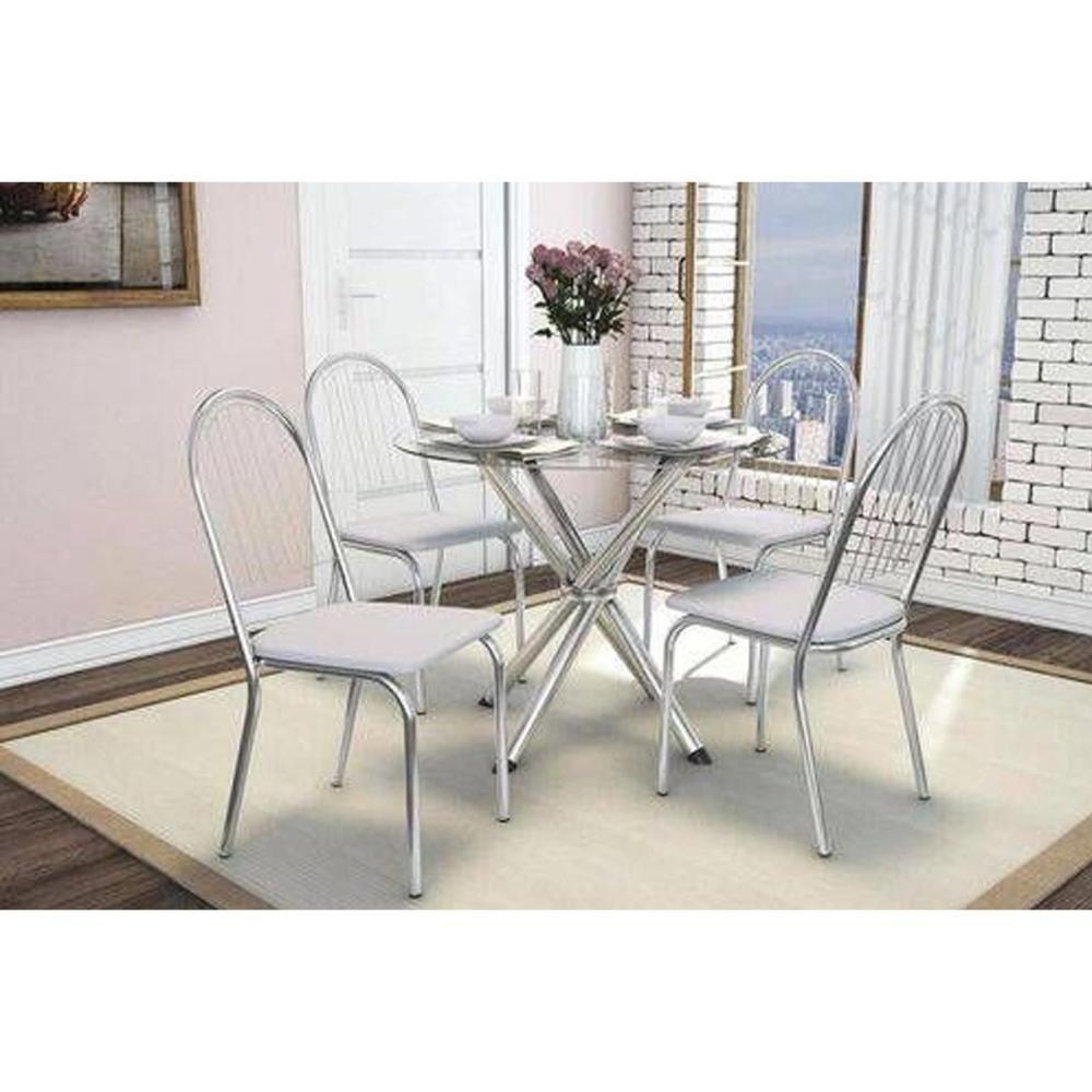 Conjunto: Mesa Sala Jantar Volga c/ Tampo Vidro 95cm + 4 Cadeiras Noruega Cromado/Courano Branco - Kappesberg - 1