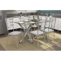 Conjunto: Mesa Sala Jantar Volga c/ Tampo Vidro 150cm + 6 Cadeiras Lisboa Cromado/Courano Branco - Kappesberg - 1