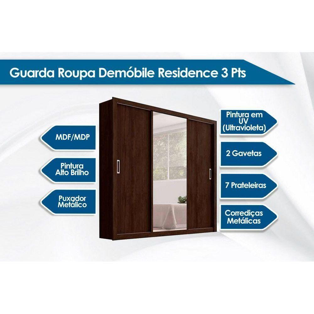 Guarda Roupa 3 Portas  de Correr e 2 Gavetas c/ Espelho Residence Branco - Demóbile - 5