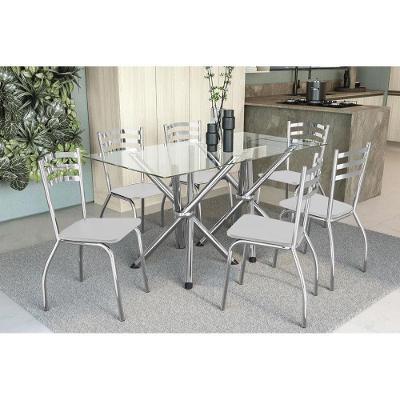 Conjunto: Mesa Sala Jantar Volga c/ Tampo Vidro 150cm + 6 Cadeiras Portugal Cromado/Courano Branco - Kappesberg