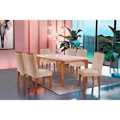Sala de Jantar Completa Londrina 180Cm + 6 Cadeiras Lunara Imbuia Veludo Creme