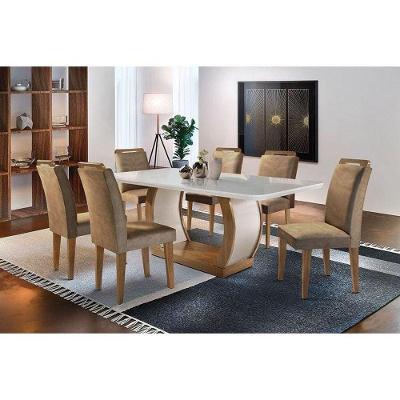 Kit Mesa C- Tampo Vidro Canto Curvo 180cm + 6 Cadeiras Imbuia Chocolate