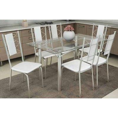 Sala de Jantar Completa Elba c/ Tampo Vidro 140cm + 6 Cadeiras Lisboa Cromado/Courano Branco - Kappesberg