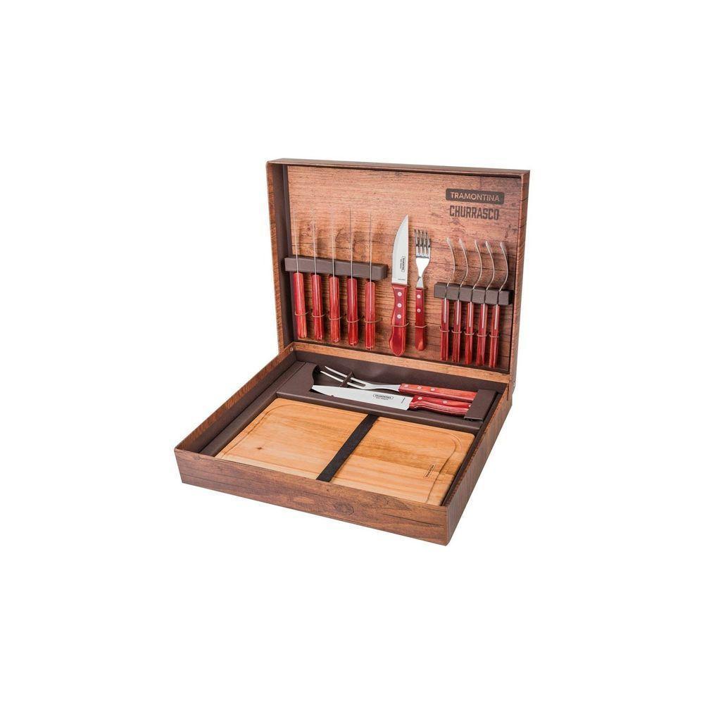 Kit Para Churrasco Lâminas Aço Inox Cabos Em Madeira Polywood Vermelho 15 Peças - 1