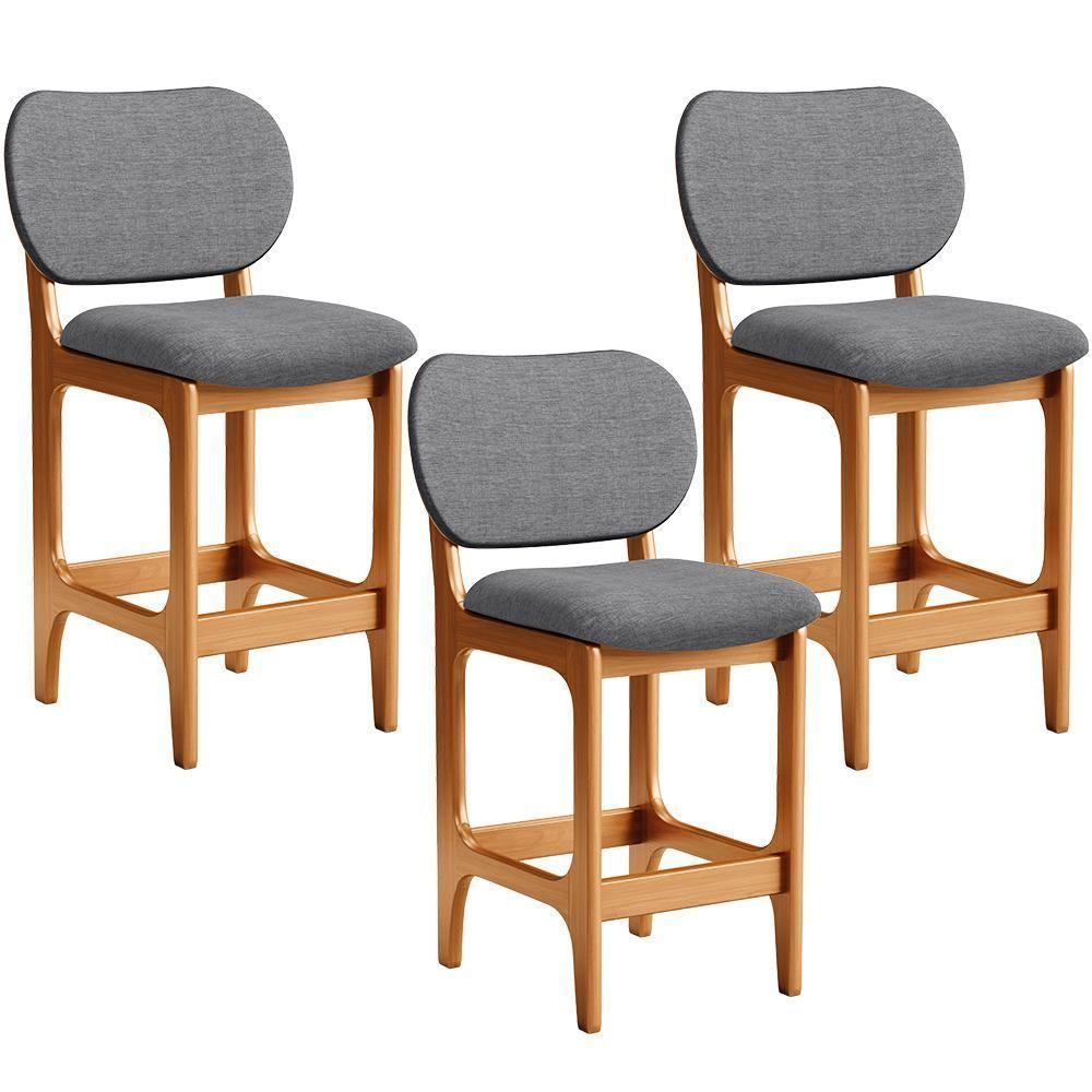 Kit 03 Banquetas Baixa Bar Cozinha E Sala De Jantar Fixa Betta L02 Imbuia Linho Cinza Escuro - 1