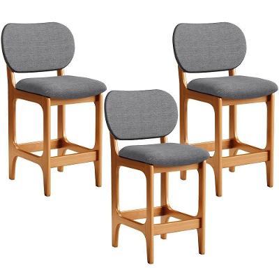 Kit 03 Banquetas Baixa Bar Cozinha E Sala De Jantar Fixa Betta L02 Imbuia Linho Cinza Escuro