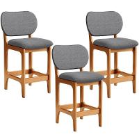 Kit 03 Banquetas Baixa Bar Cozinha E Sala De Jantar Fixa Betta L02 Imbuia Linho Cinza Escuro - 1