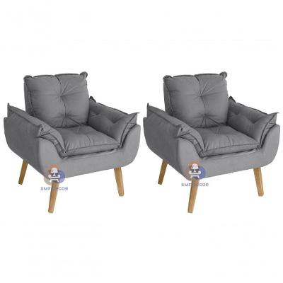 Kit 02 Poltrona Decorativa Opala Suede Veludo Light Cinza SMF Decor