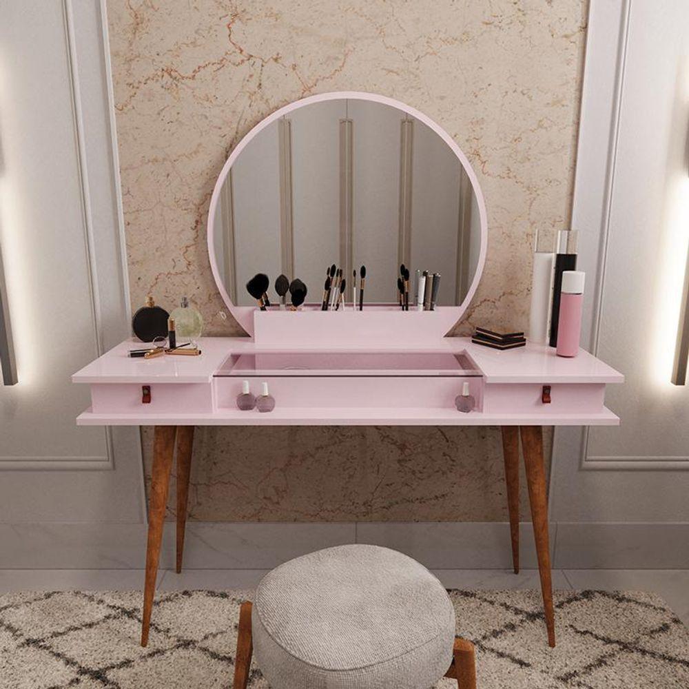 Penteadeira Diana Com 2 Gavetas Porta De Vidro E Nichos Rose Rose - 4
