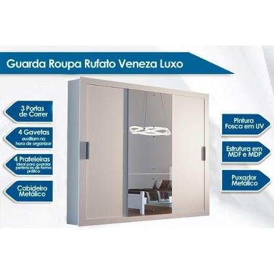 Guarda Roupa Casal Veneza Luxo 3 Portas de Correr 4 Gavetas Branco Rufato