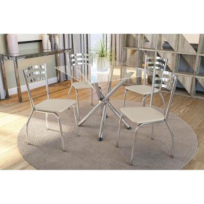 Conjunto: Mesa Sala Jantar Volga c/ Tampo Vidro 90cm + 4 Cadeiras Portugal Cromado/Courano Nude - Kappesberg