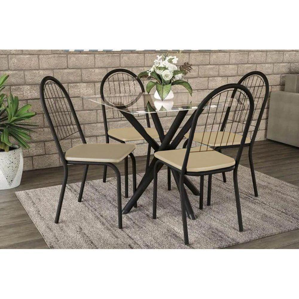 Conjunto: Mesa Sala Jantar Volga c/ Tampo Vidro 95cm + 4 Cadeiras Noruega Preto Fosco/Courano Nude - Kappesberg - 1