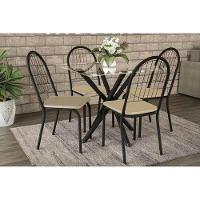 Conjunto: Mesa Sala Jantar Volga c/ Tampo Vidro 95cm + 4 Cadeiras Noruega Preto Fosco/Courano Nude - Kappesberg - 1