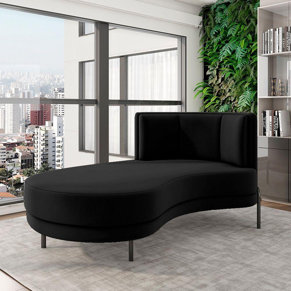Sofá Chaise Lado Esquerdo Downey Sala De Estar Veludo Preto G15 - Gran Belo - 1