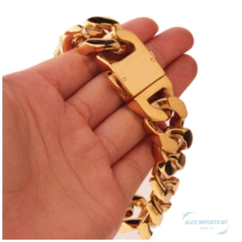 Pulseira Masculina Bracelete 20mm Elo Cubano Banhada Ouro - 2