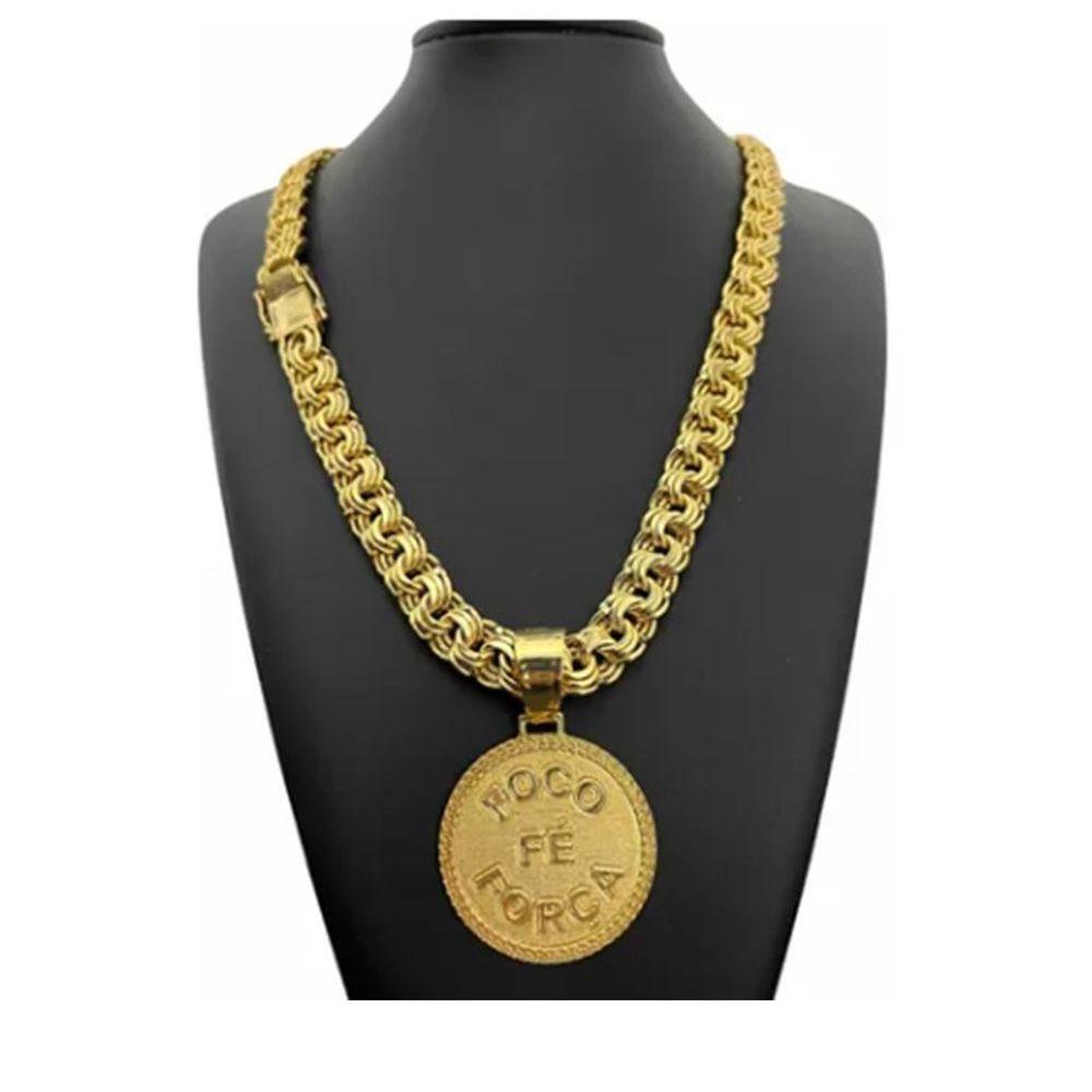 Corrente Banhado Ouro 12mm C- Pingente Feita De Moeda Antiga - 1