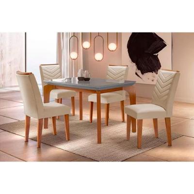Sala de Jantar Completa Londrina Tampo Madeirado c/ Vidro 120cm + 4 Cadeiras Londrina Imbuia/Veludo Creme - Rufato
